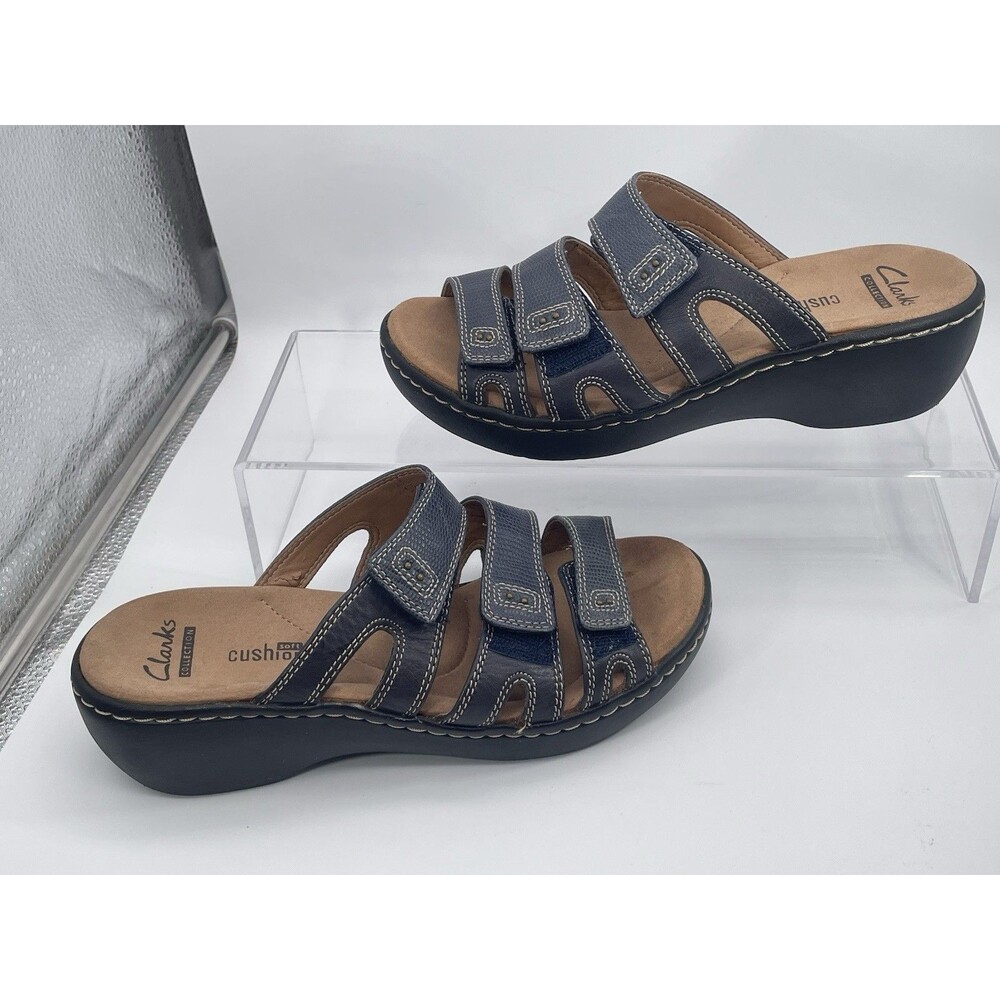 Clarks Collection Cushion Soft Slide Sandals Blue Leather Women’s US 5 M